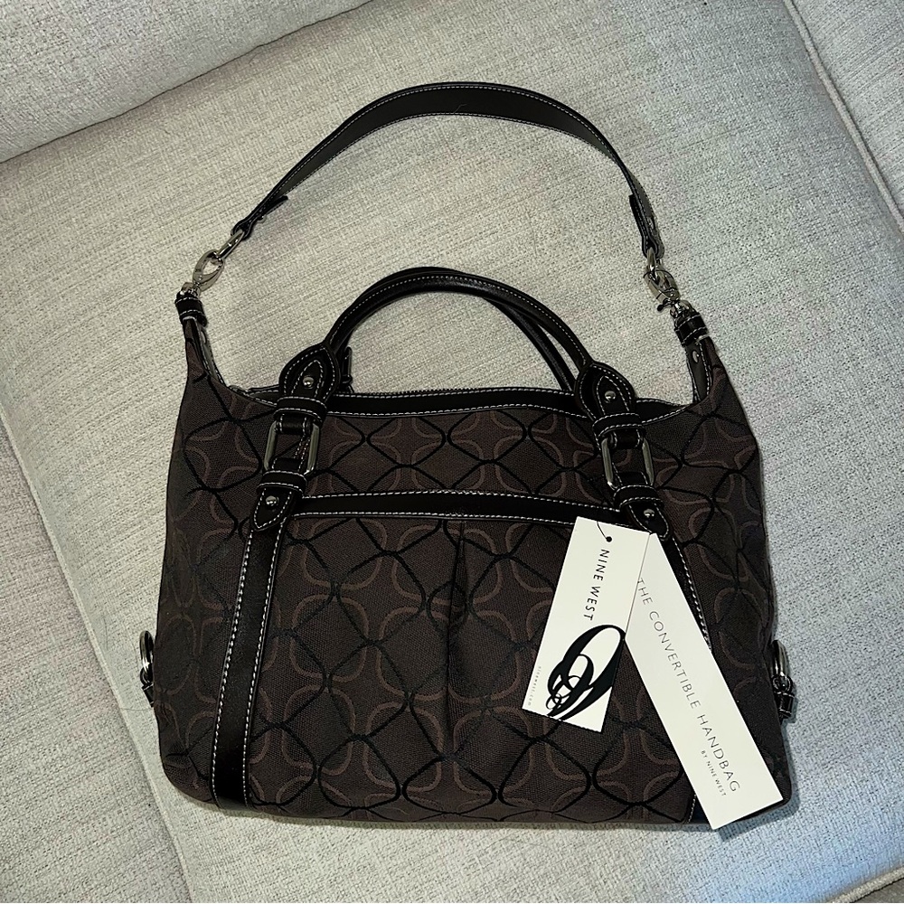 Nine West Brown and Black Fabric Purse with Faux Leather Trim